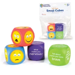 4 multicolored cubes with emoji faces on some faces and words, also shown in bag