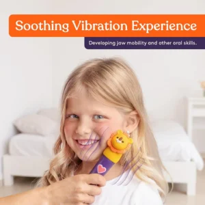 soothing vibration experience. tool with vibration lines being held to child's jaw