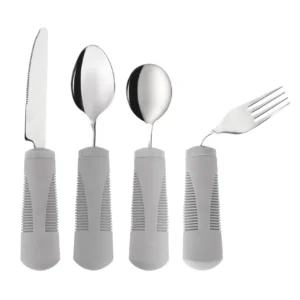 knife, 2 spoons and a fork with the tines bent to the right. all of them have chunky grey plastic handles