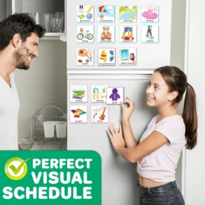 cards on refrigerator, perfect for visual schedule