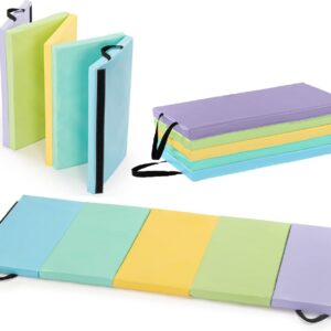 tumbling mat shown laying flat, accordion folded, and folded into a block. Pastel blue, teal, yellow, green and purple.