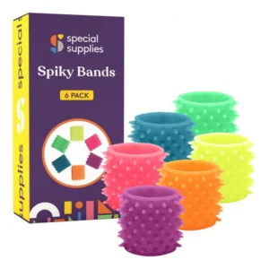 spiky band bracelets are wide cylinders with soft spikes in pink, teal, green, yellow, orange and purple