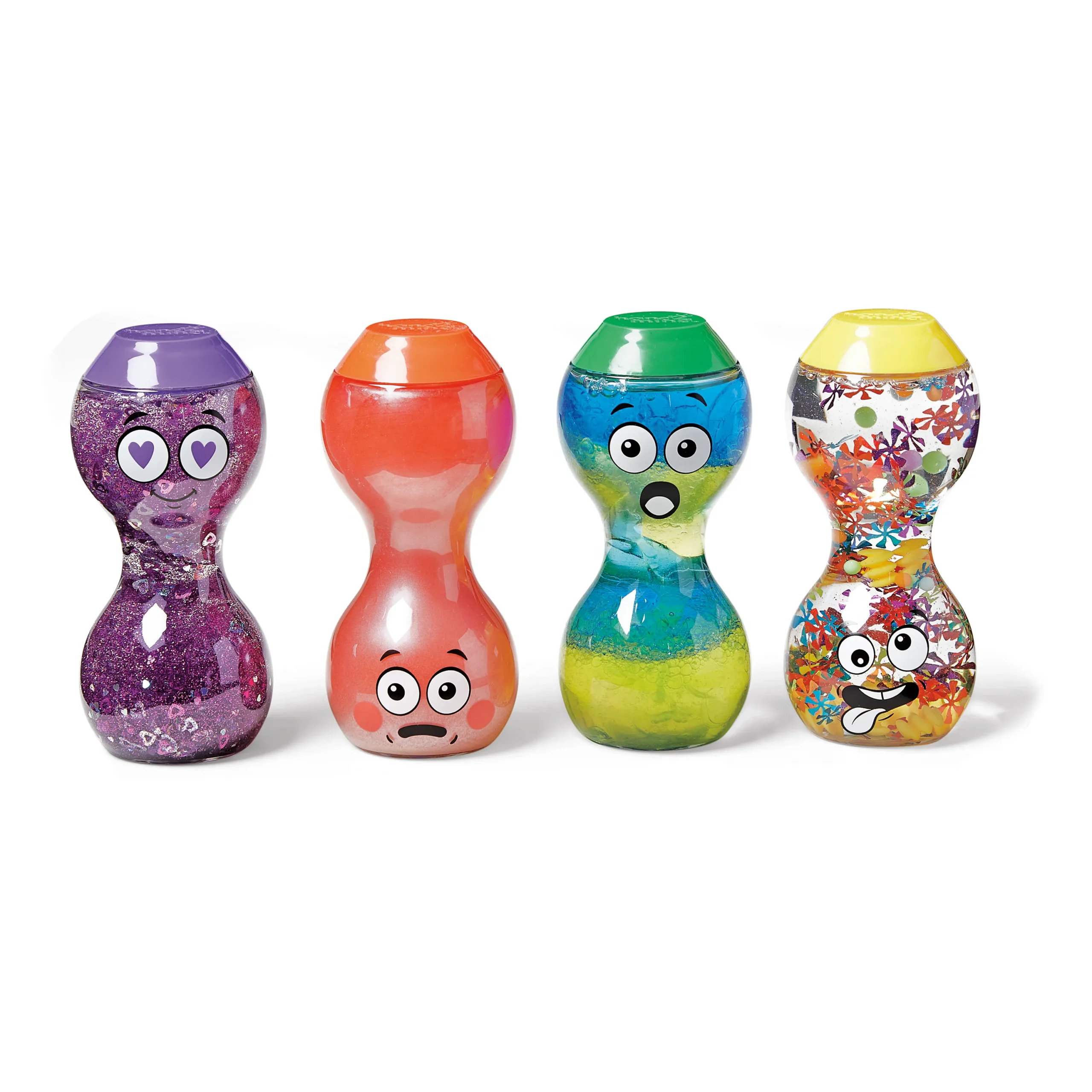 purple, red, green and yellow bottles filled with liquid and items, with emotional faces with different expressions