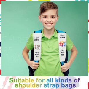 child with backpack that has covers on the straps that say " i have autism, i may resist help"