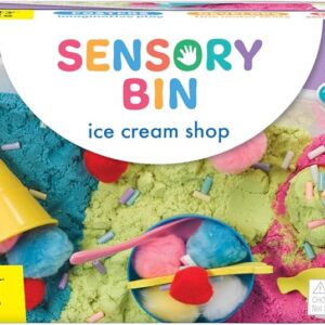 plastic bin with lid with all sensory items inside with sand