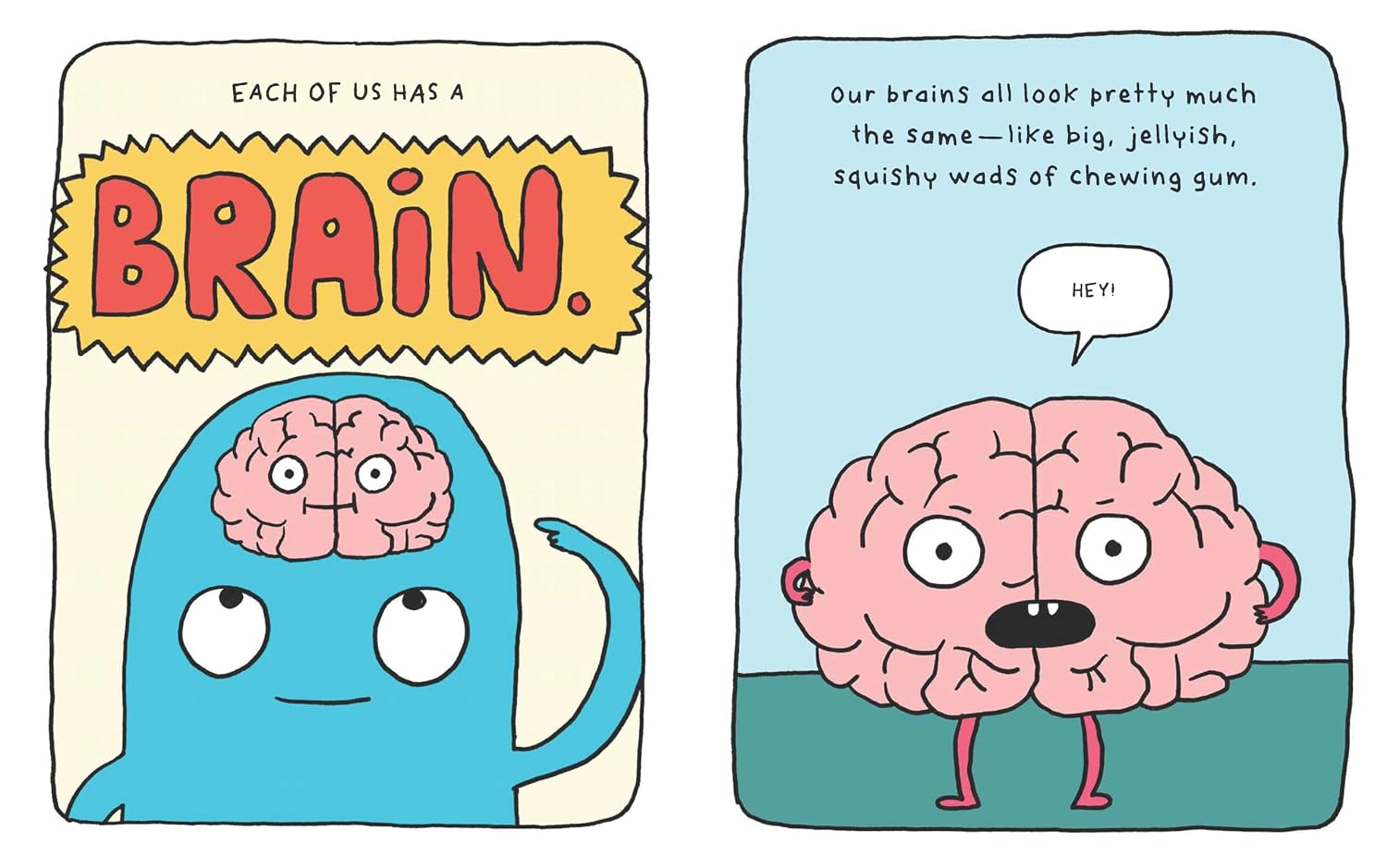 cartoon images of brains and jokes about how it looks like a wad of chewing gum