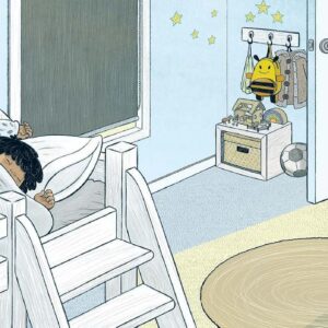 drawing of character sleeping in bunk bed with cat