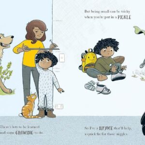 drawings of the character growing up, getting height measured, learning to ride a bike and tie shoes
