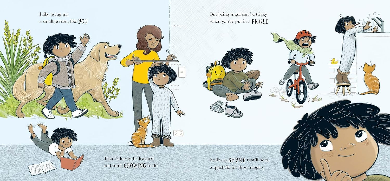 drawings of the character growing up, getting height measured, learning to ride a bike and tie shoes