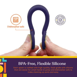BPA free, flexible silicone, spoon is bent into a U shape