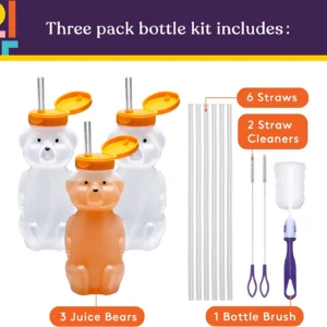 3 bear shaped cups with orange tops and straws, 6 straws, 2 straw cleaners and bottle brush