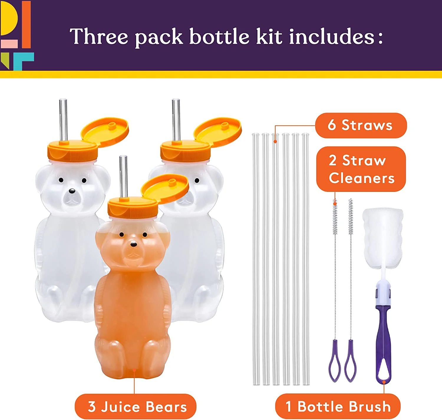 3 bear shaped cups with orange tops and straws, 6 straws, 2 straw cleaners and bottle brush