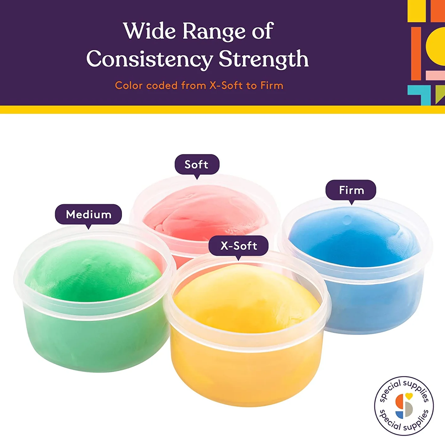 consistency varies by color: red is soft, yellow is extra soft, blue is firm and green is medium