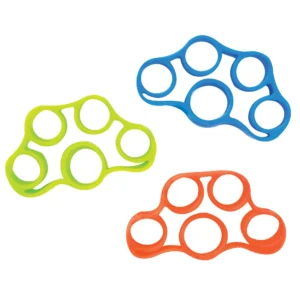 finger stretchers with 5 holes in green, blue and orange