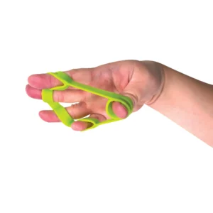hand with fingers outstretched with resistence from green finger stretcher