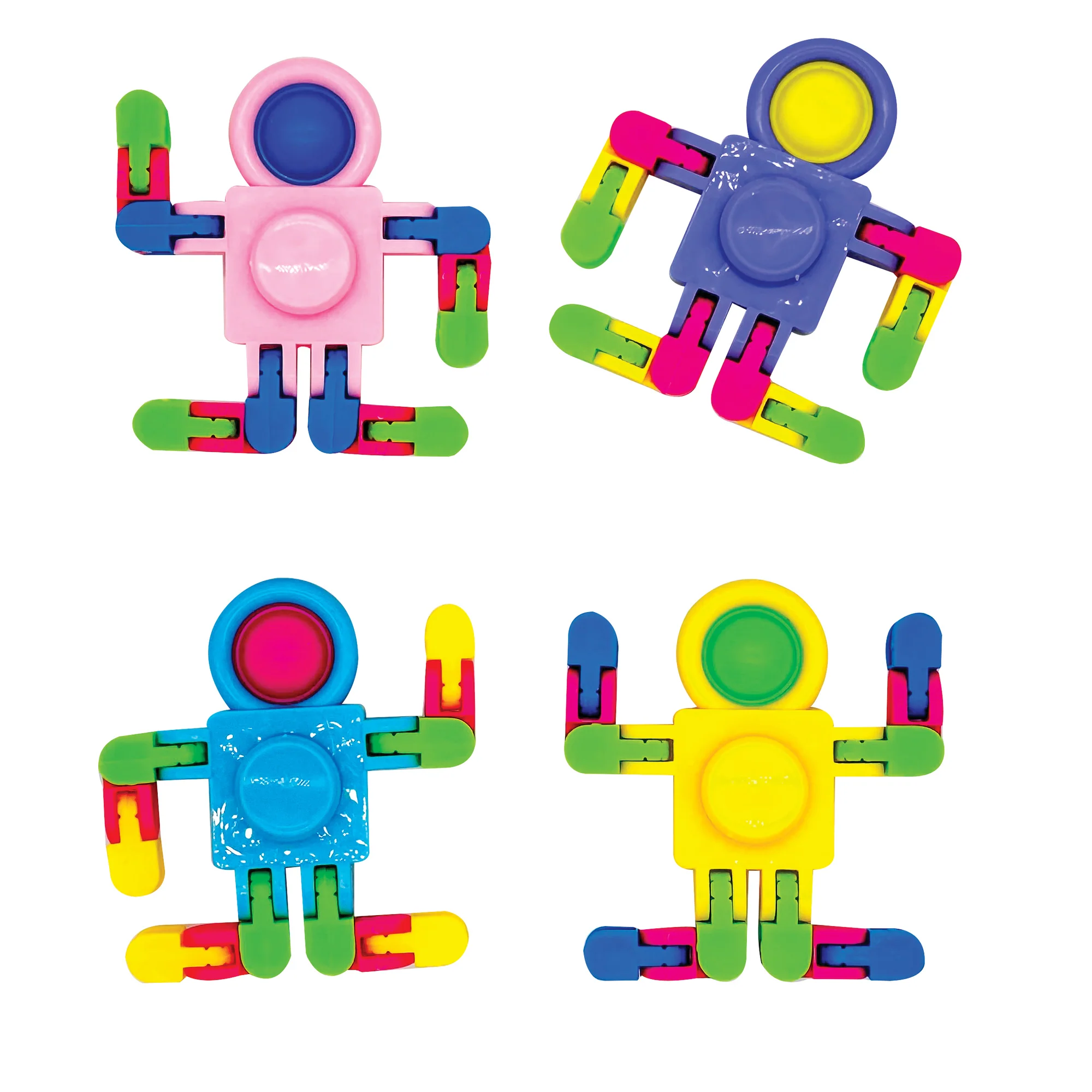 different colorways of multicolored fidgets that look like little people
