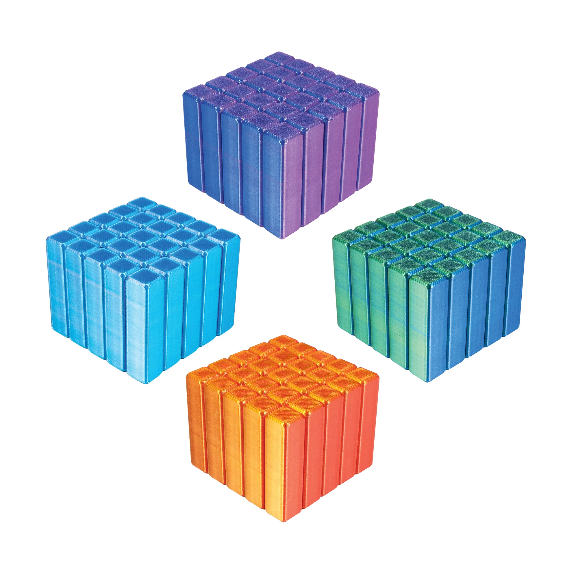 orange, blue, purple, and green pixel cubes can shift to make different shapes
