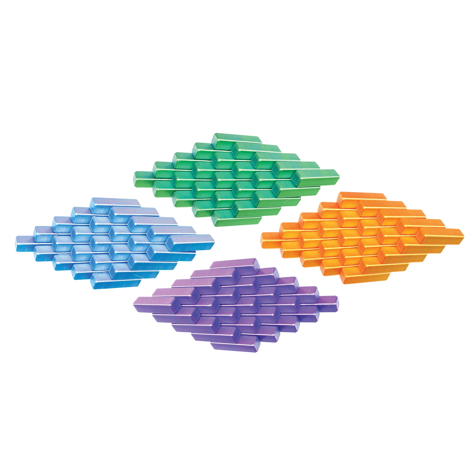 orange, blue, purple, and green pixel cubes can shift to make different shapes