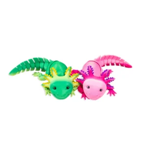 green and pink 3d printed axolotls