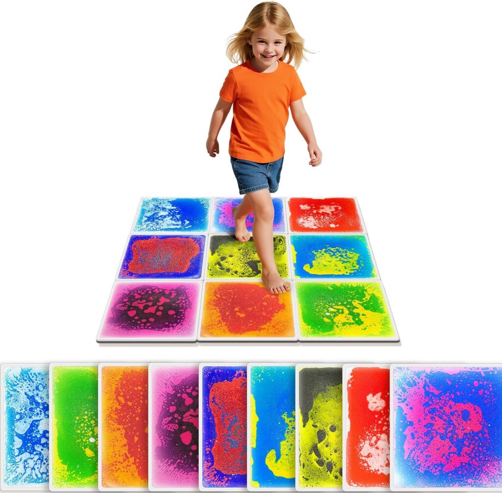 girl walking on a grid of 9 floor tiles with different colored liquid