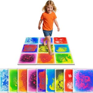 girl walking on a grid of 9 floor tiles with different colored liquid