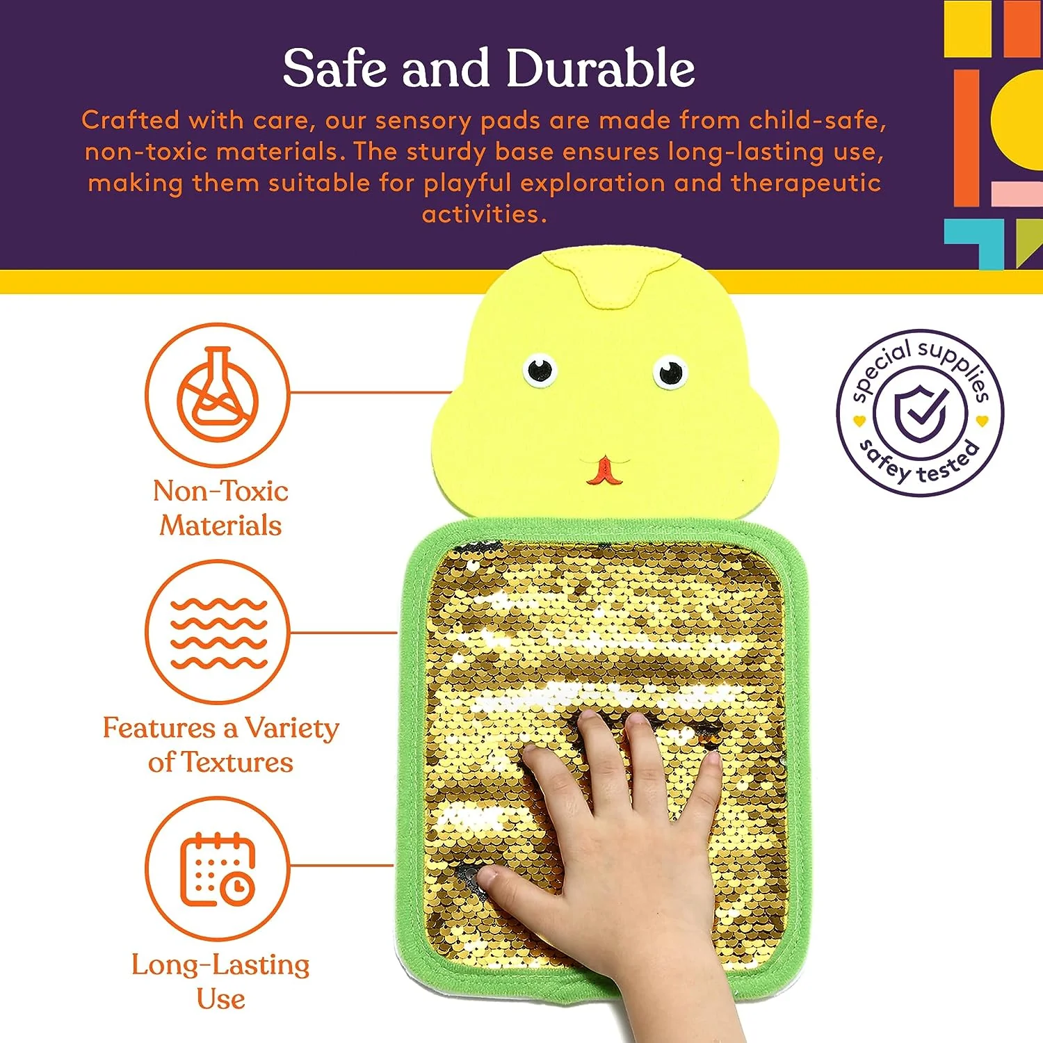 safe and durable uses nontoxic materials and shows a sequin pad