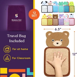 travel bag included, mats are 6.5 x 12", set of 12