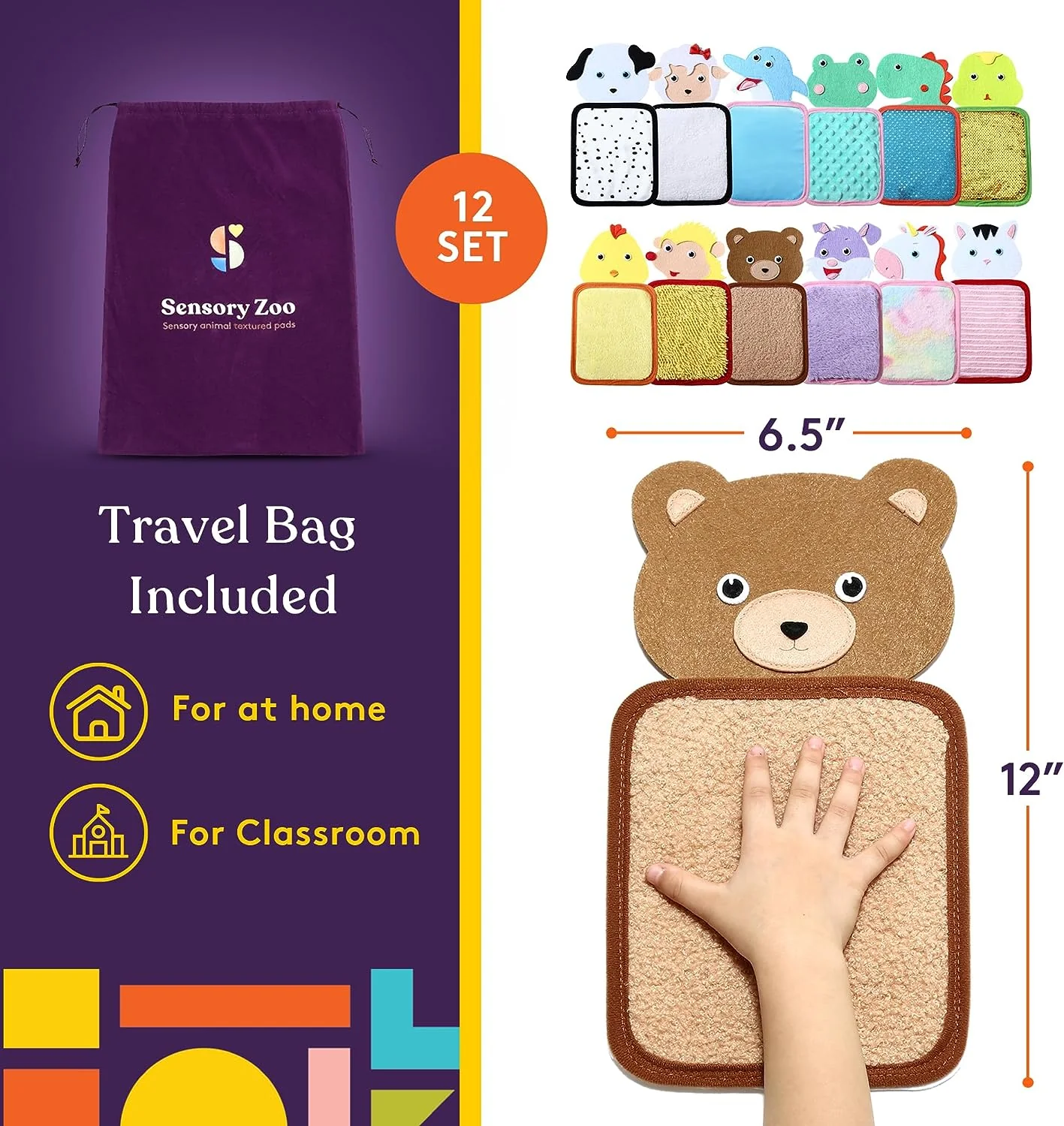 travel bag included, mats are 6.5 x 12", set of 12
