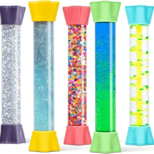 5 tubes filled with water and glitter or colored water/oil combos