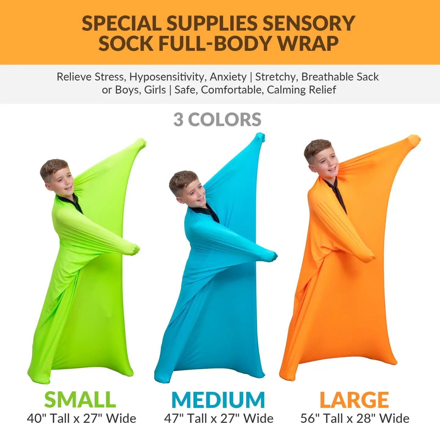 body sock shown in small, green, medium blue and large orange colors. only the child's head is showing - the rest is in the body sock like a sleeping bag.