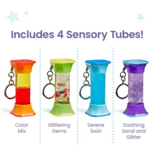 includes color mix red tube, glittering gems green tube, serene swirl blue tube, and soothing sand and glitter purple tube