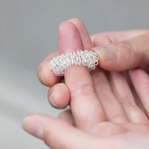 hands rolling a silver coiled ring down a finger