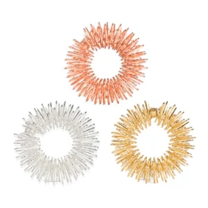 3 coiled metal rings in silver, gold and copper colors