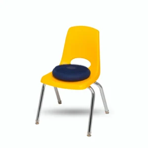 inflated navy blue seat cushion with tactile sensory top on a yellow school chair