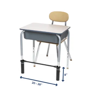 school desk with band that attaches at the front legs and connects in between the legs