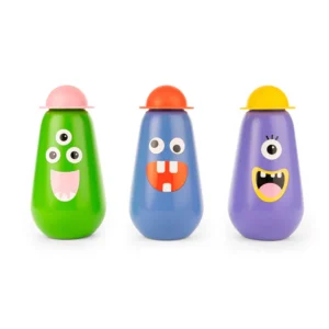 oblong shaped bottles with monster faces that have hats on in multi colors