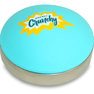 silver base with teal blue button that says "crunchy" on top