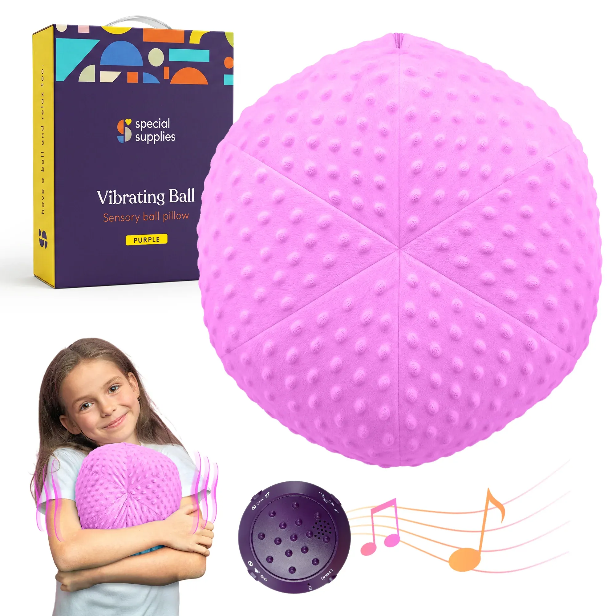 A round, textured, purple pillow that vibrates and also has a small speaker inside