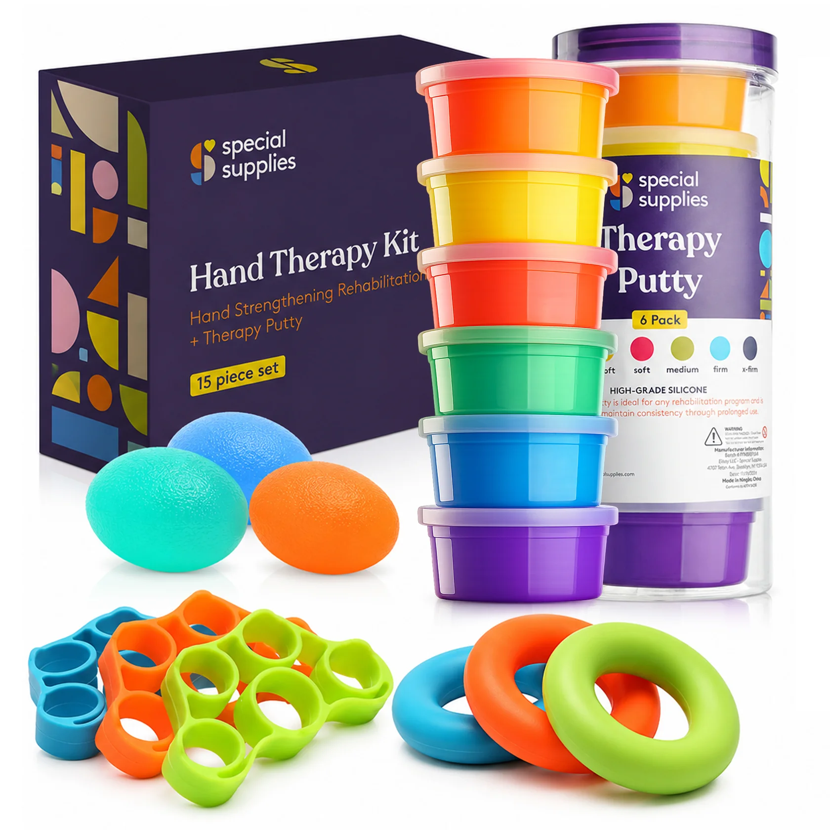 6 hand therapy putty for kids, 3 ring finger exercisers, 3 hand exercisers, and 3 egg-shaped grip strengtheners