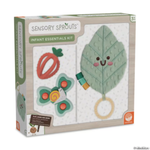 box with pictures of teether, spinner and tactile mat