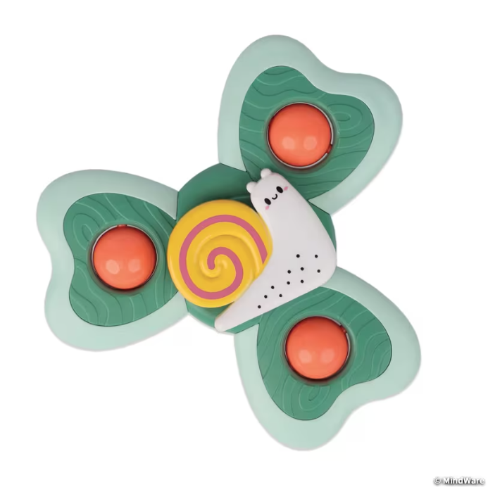 snail teether has 3 lobes with plastic pieces