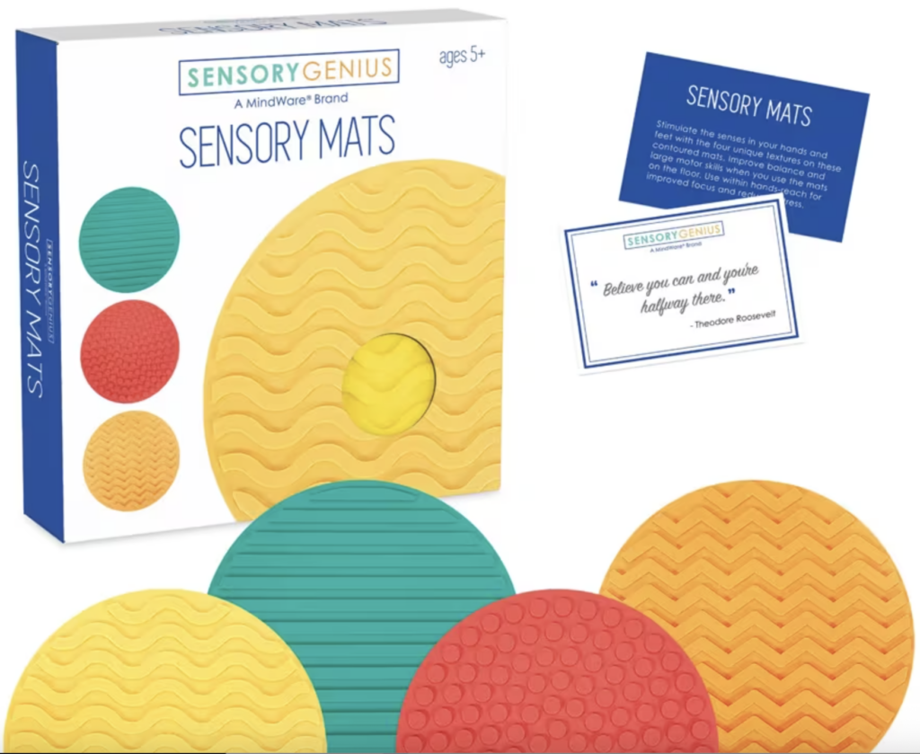 cardboard box of sensory mats and yellow, green, red and orange mats with different textures