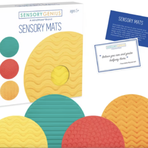 cardboard box of sensory mats and yellow, green, red and orange mats with different textures