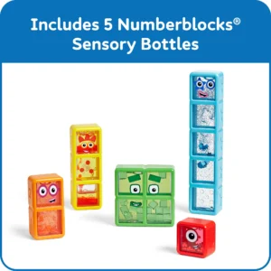 includes 5 Numberblocks sensory bottles filled with liquid with plastic pieces floating inside. Each block is comprised of 1 to 5 total blocks