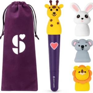one handle with 4 different heads, a giraffe, rabbit, koala and lion with travel pouch and drawstring