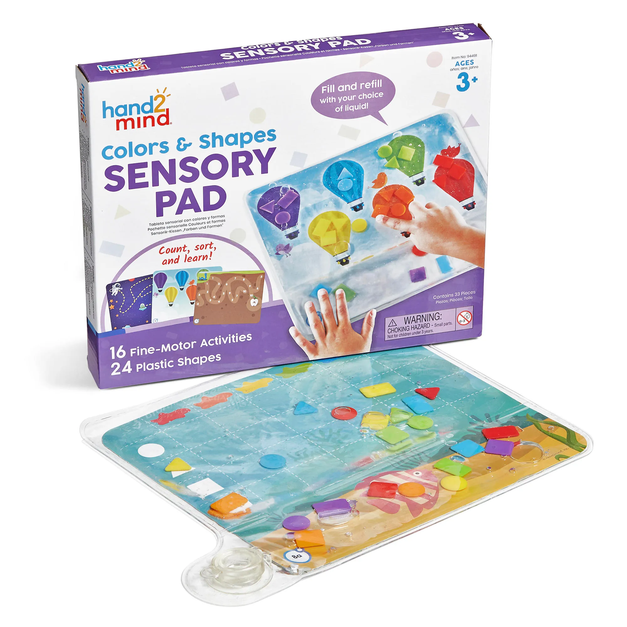 sensory pad box with sensory pad in front: a clear plastic pouch and activity card showing
