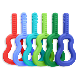 several guitar shaped chews in various colors