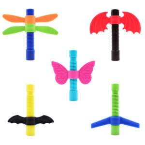 5 multi colored toys with a screw thread that spin
