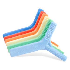 several rainbow colored Y chews, showing a handle and Y arms with texture