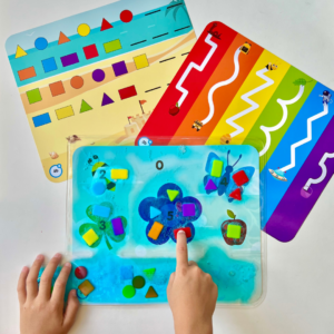 3 different cards with hands playing with the shapes